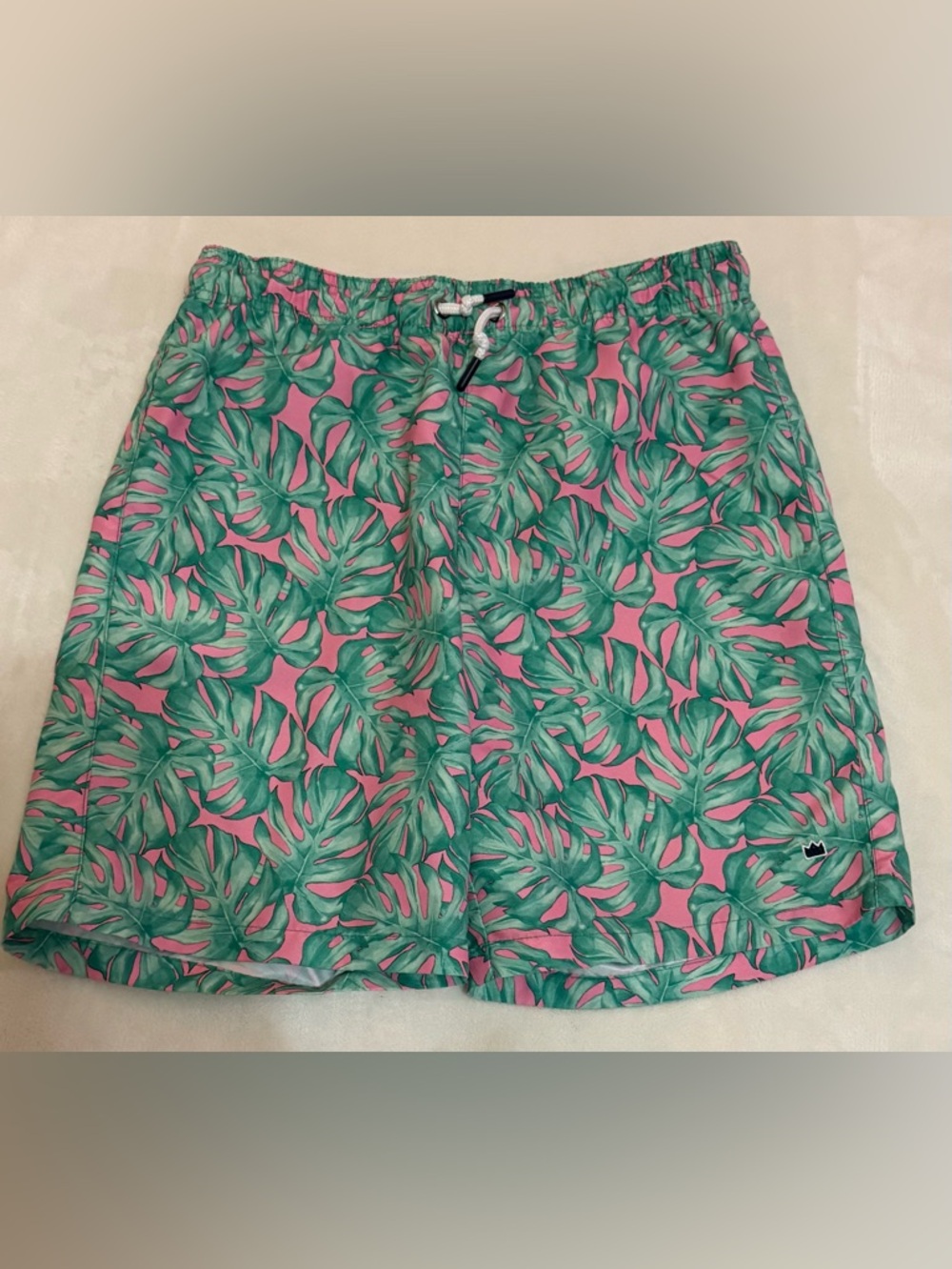 crown & ivy Kids Swim Trunks Pink with Green Leaf Print